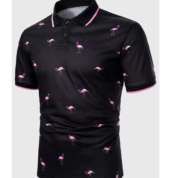 SHEIN Black and Pink Flamingo Polo Shirt - Picture 1 of 7
